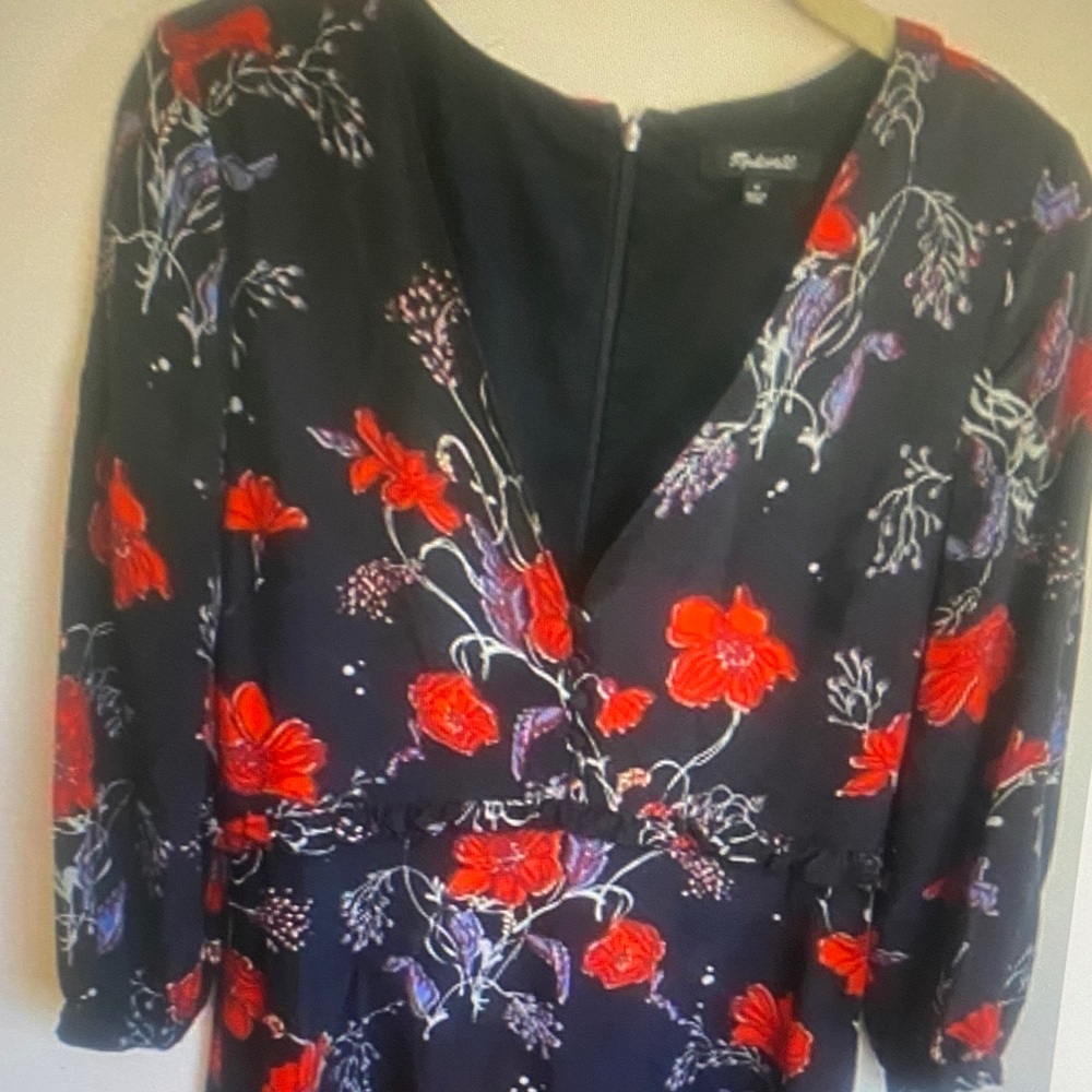 Madewell Floral V-Neck Navy Dress with Red and Blue Accent Womens Size 4